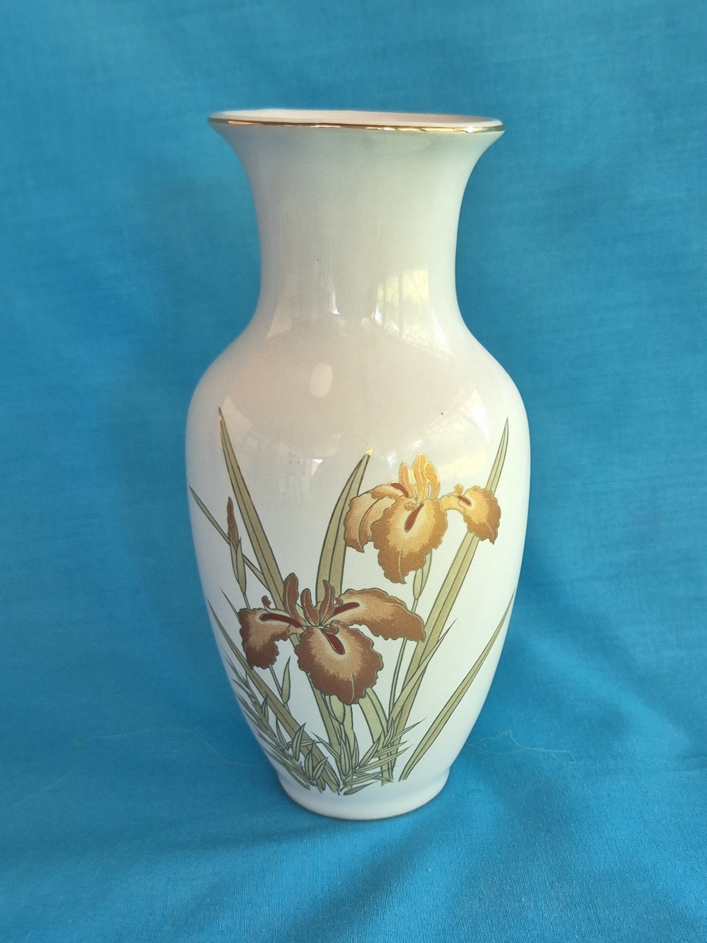 Copper Bronze Iris Flowers Porcelain Vase Vintage Fine China Japan Gold Trim